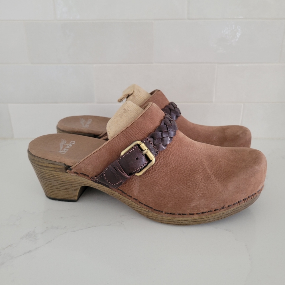 Dansko Pink Brown Leather Clogs with Braided Strap